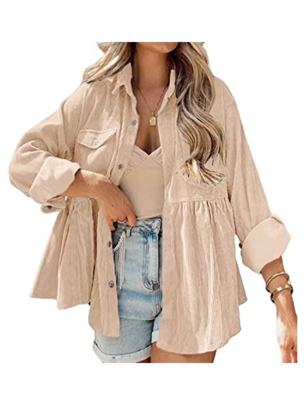 Women's Corduroy Peplum Button Down Blouse with Pockets